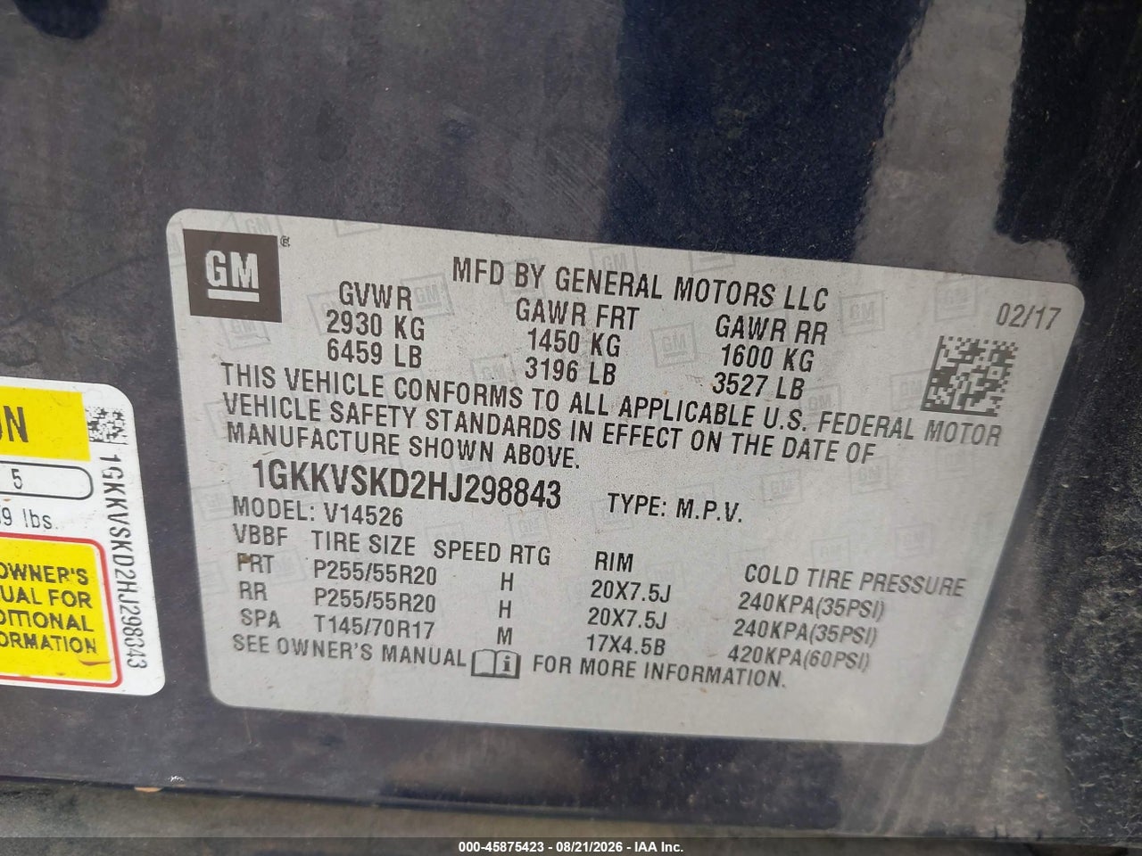 1GKKVSKD2HJ****** · 2017 GMC ACADIA LIMITED · 9/11