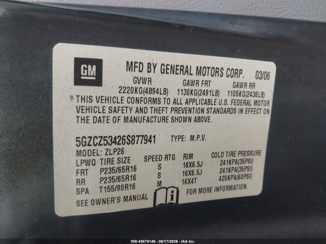 5GZCZ53426S****** · 2006 SATURN VUE V6 · 9/11