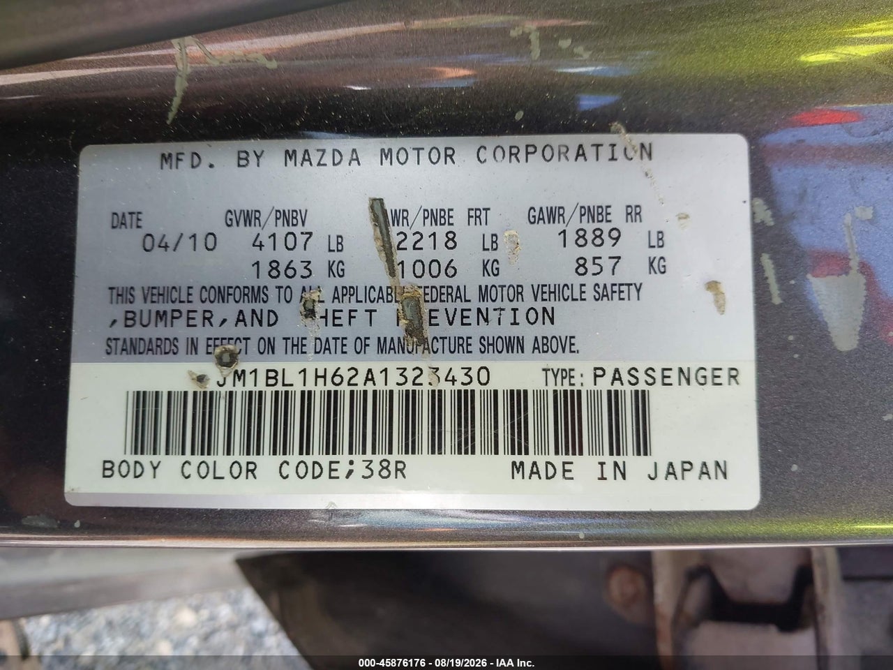 JM1BL1H62A1****** · 2010 MAZDA MAZDA3 S SPORT · 9/11