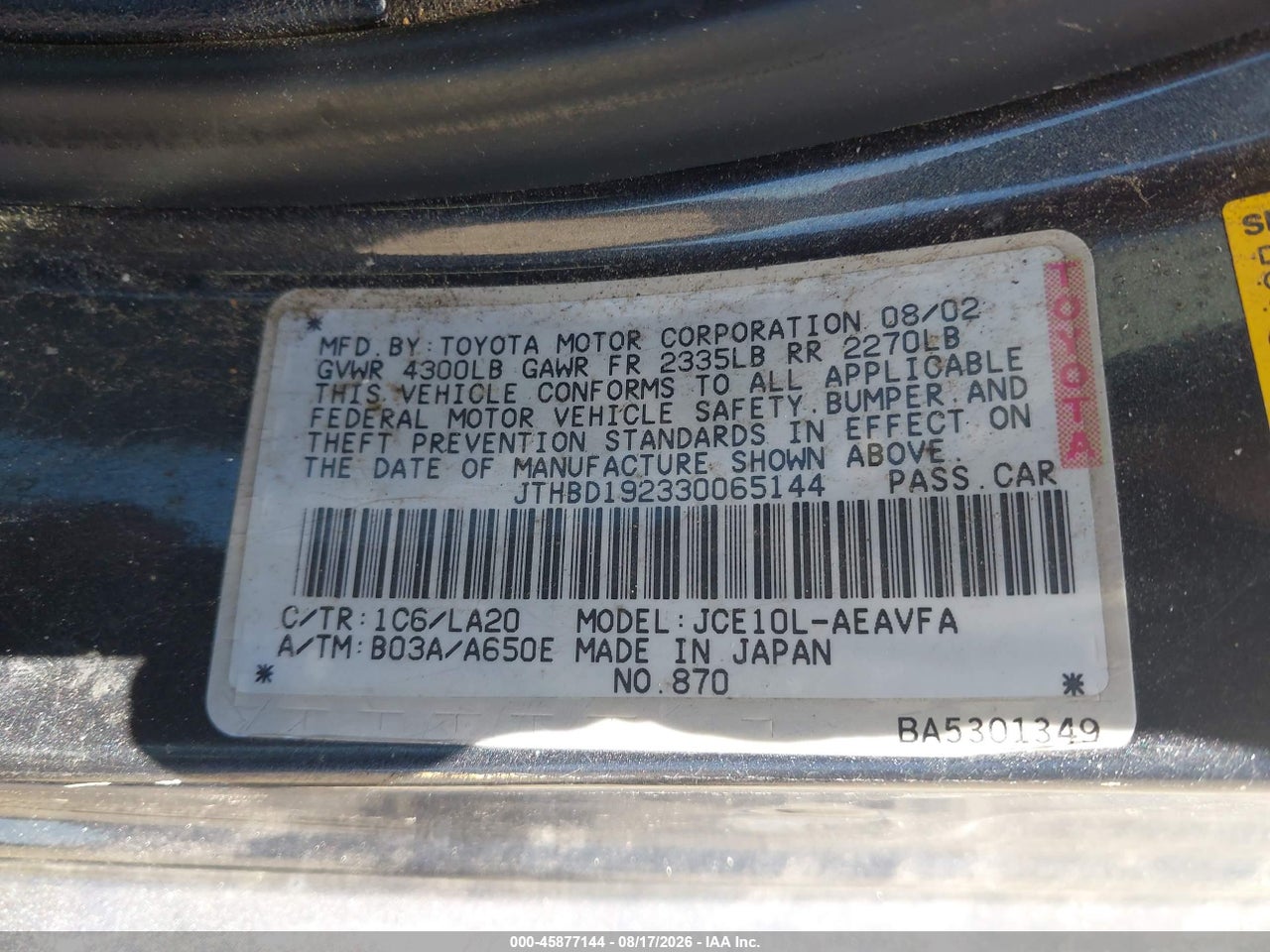 JTHBD192330****** · 2003 LEXUS IS 300   · 9/11