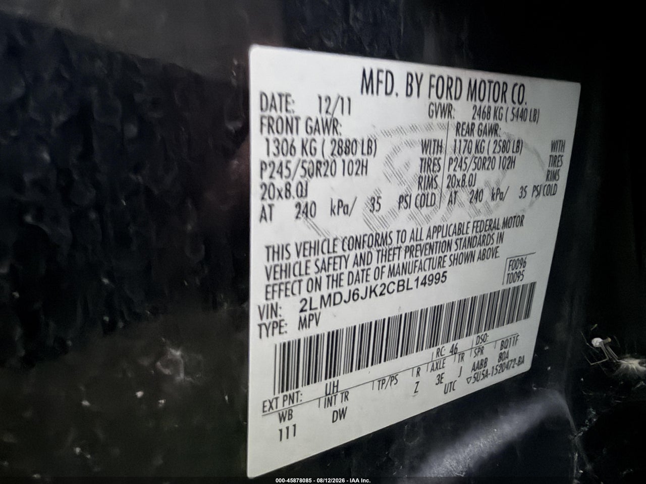 2LMDJ6JK2CB****** · 2012 LINCOLN MKX · 9/11