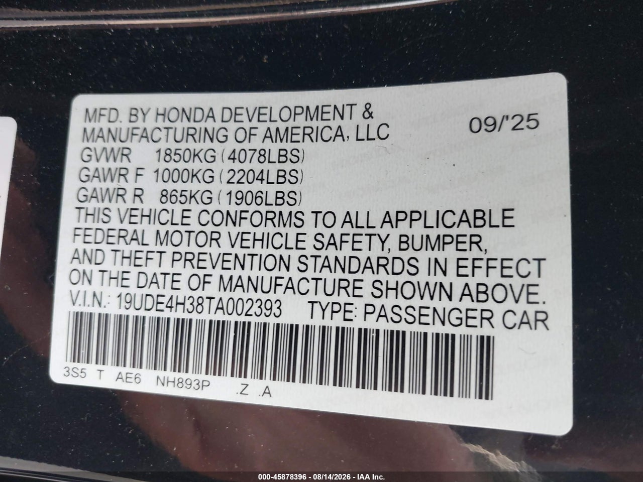 19UDE4H38TA****** · 2026 ACURA INTEGRA FWD A-SPEC · 9/11