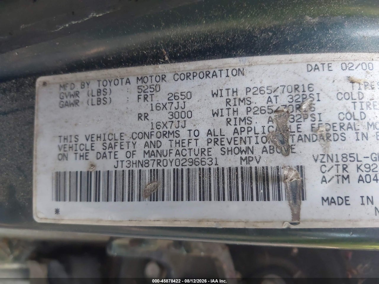 JT3HN87R0Y0****** · 2000 TOYOTA 4RUNNER LIMITED V6 · 9/10