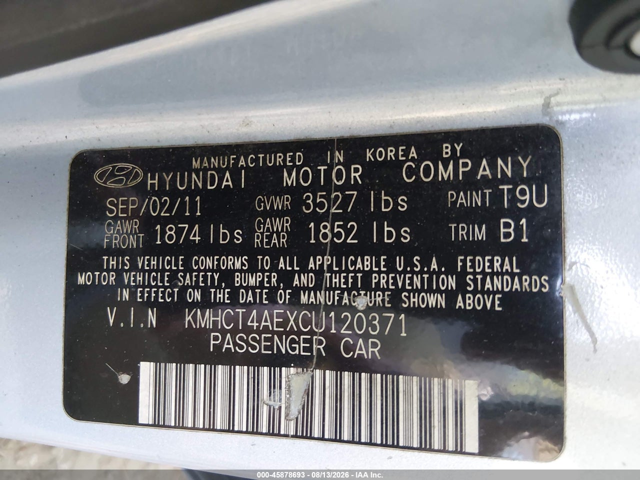 KMHCT4AEXCU****** · 2012 HYUNDAI ACCENT GLS · 9/11