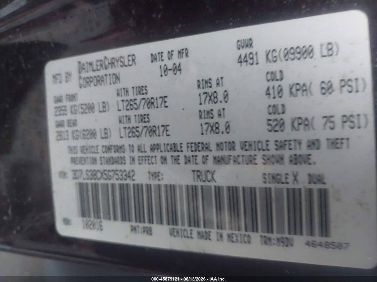 3D7LS38CX5G****** · 2005 DODGE RAM 3500 SLT/LARAMIE · 9/11