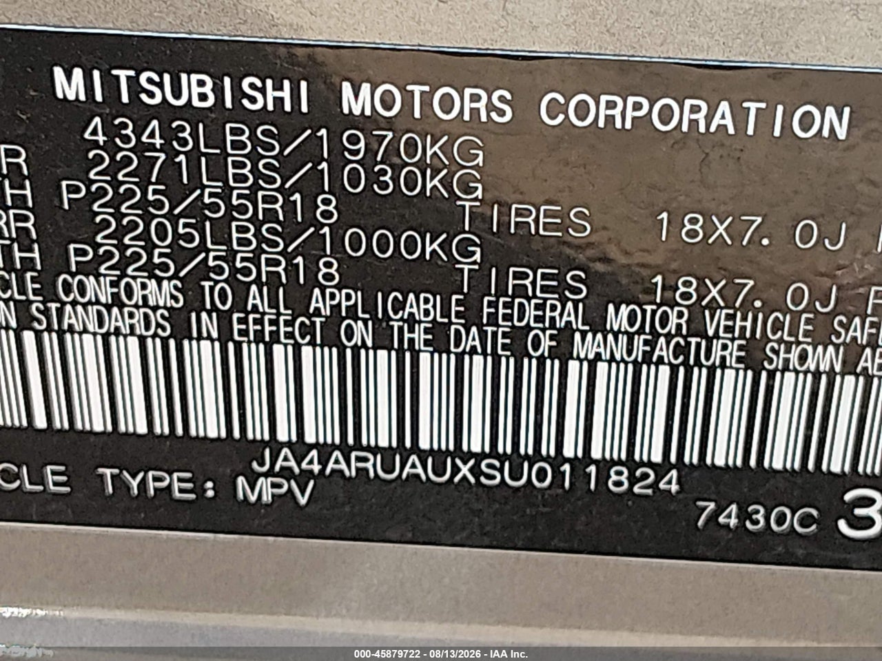 JA4ARUAUXSU****** · 2025 MITSUBISHI OUTLANDER SPORT 2.0 ES AWC/2.0 LE AWC/2.0 S AWC/2.0 SE AWC/2.0 TRAIL EDITION AWC · 9/11