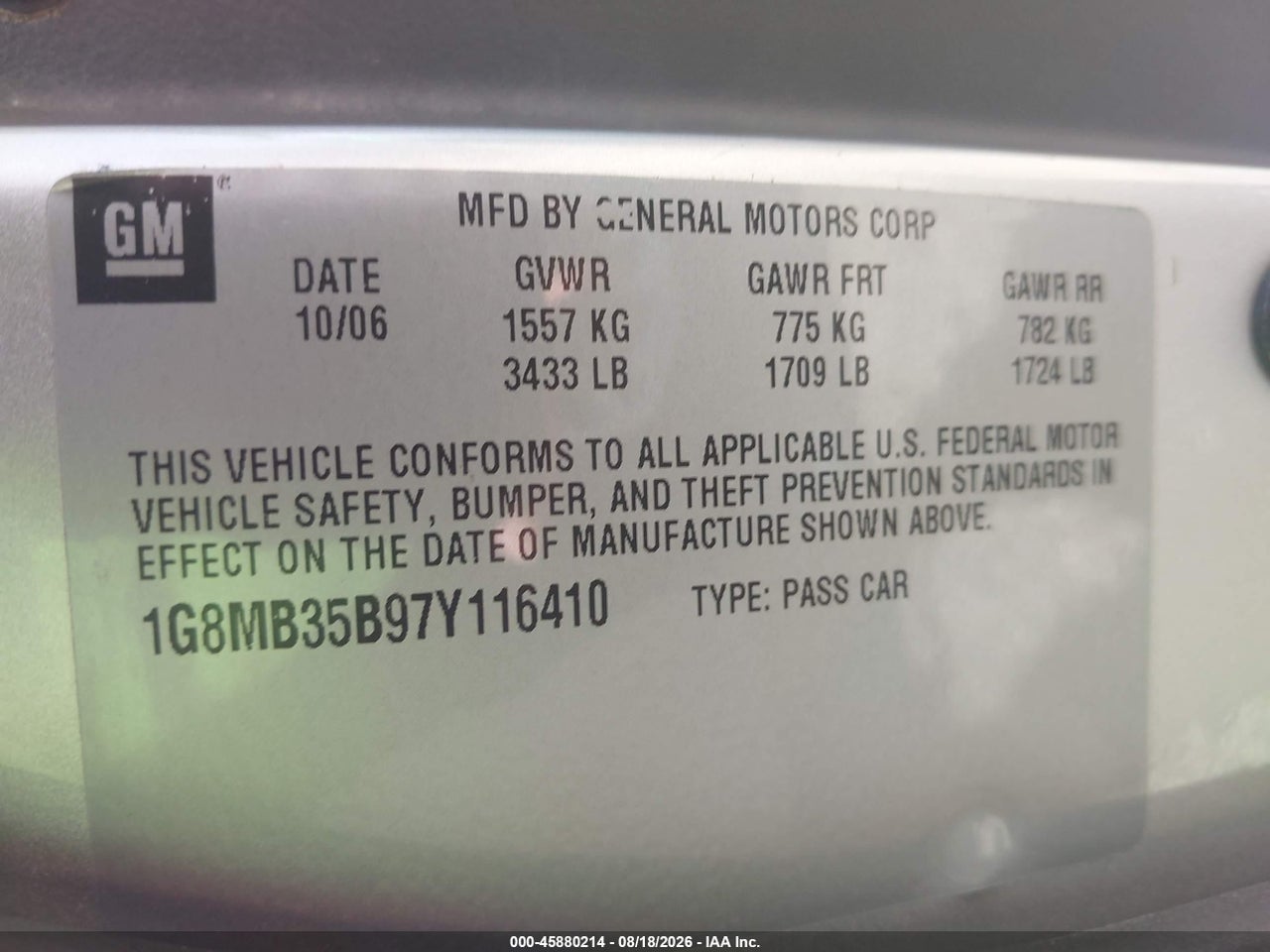 1G8MB35B97Y****** · 2007 SATURN SKY   · 9/11