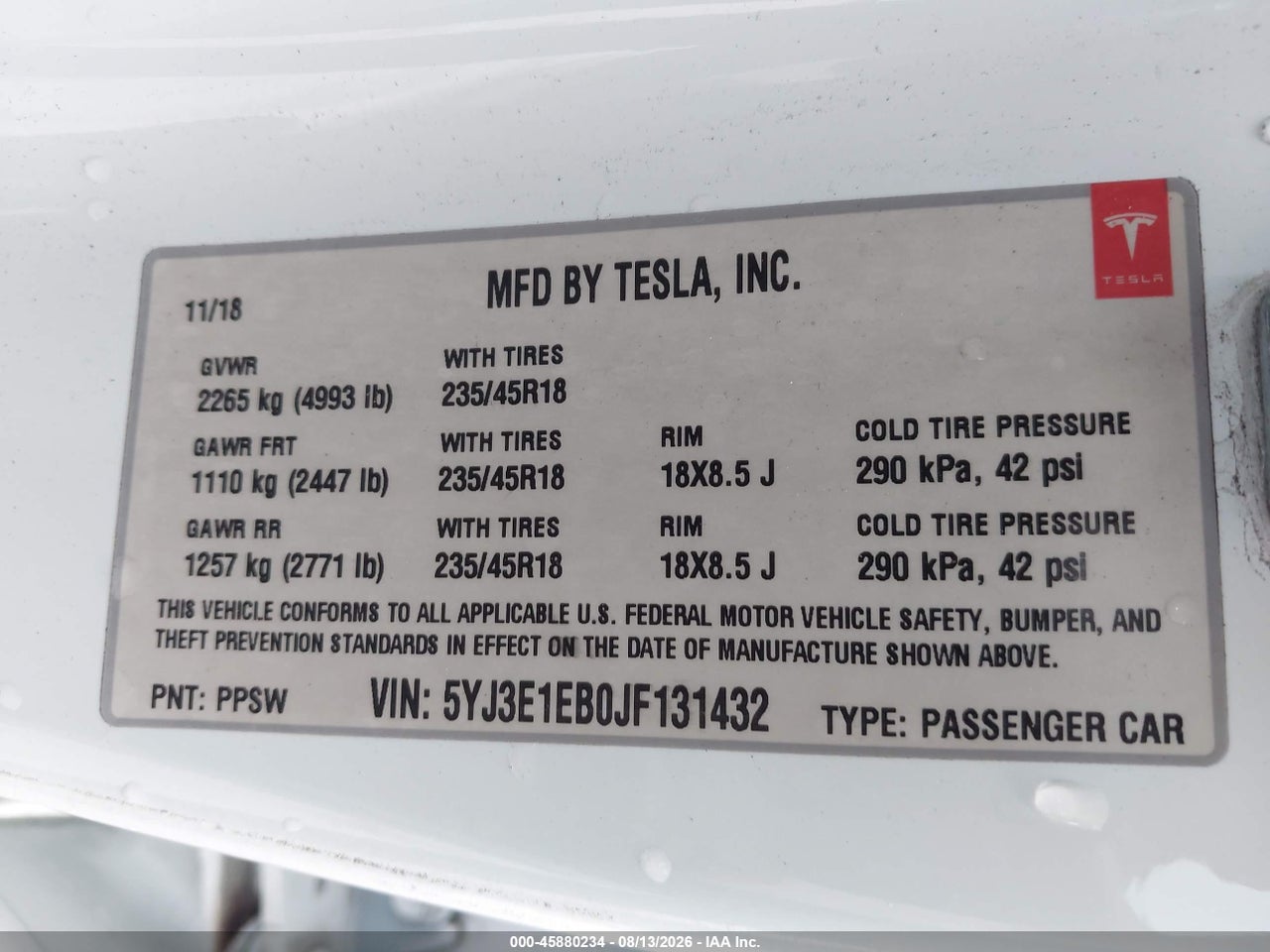5YJ3E1EB0JF****** · 2018 TESLA MODEL 3 LONG RANGE/PERFORMANCE · 9/11