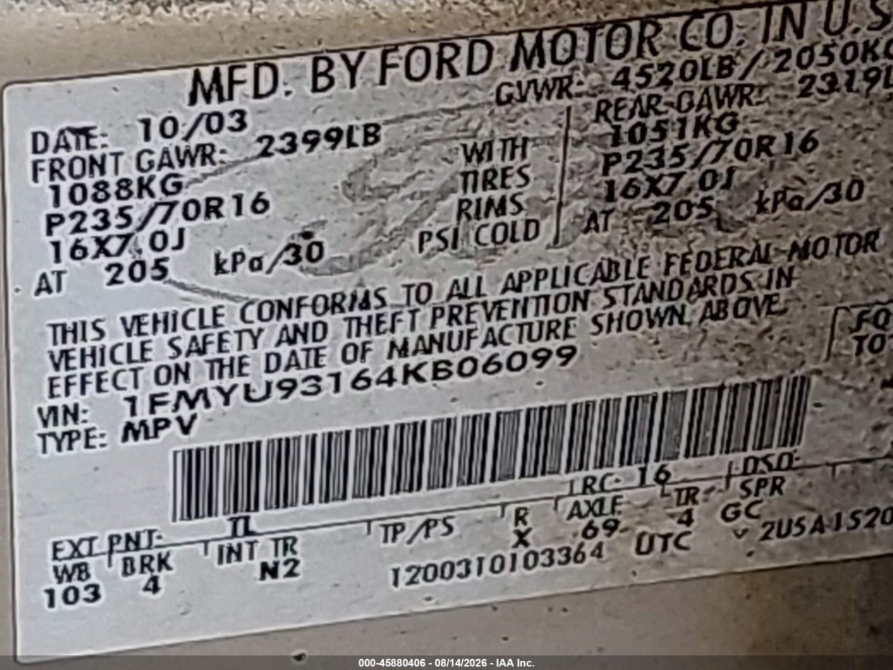 1FMYU93164K****** · 2004 FORD ESCAPE XLT · 9/11