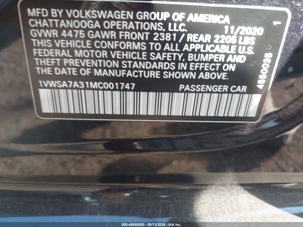 1VWSA7A31MC****** · 2021 VOLKSWAGEN PASSAT 2.0T SE · 9/11