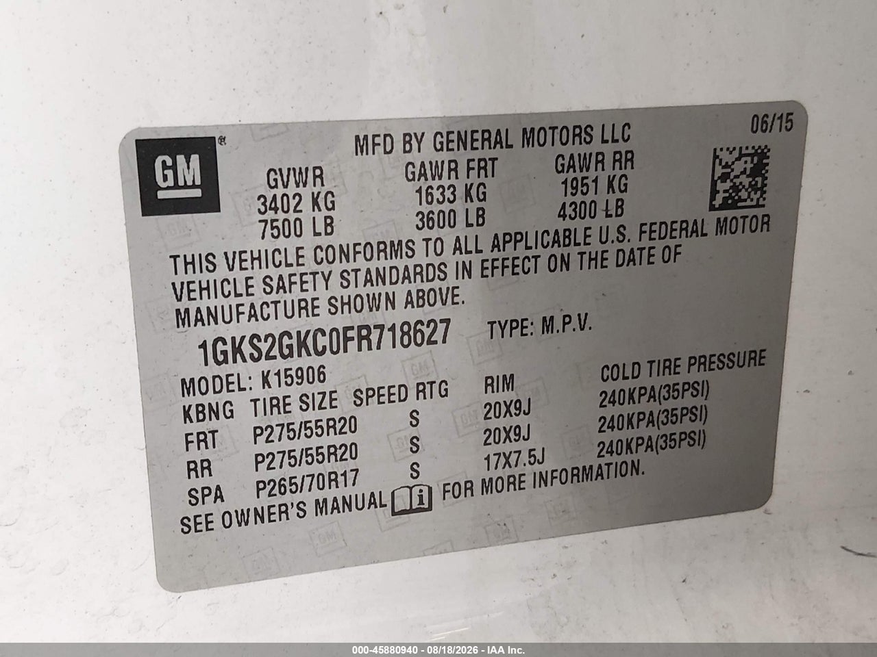 1GKS2GKC0FR****** · 2015 GMC YUKON XL 1500 SLE · 9/11