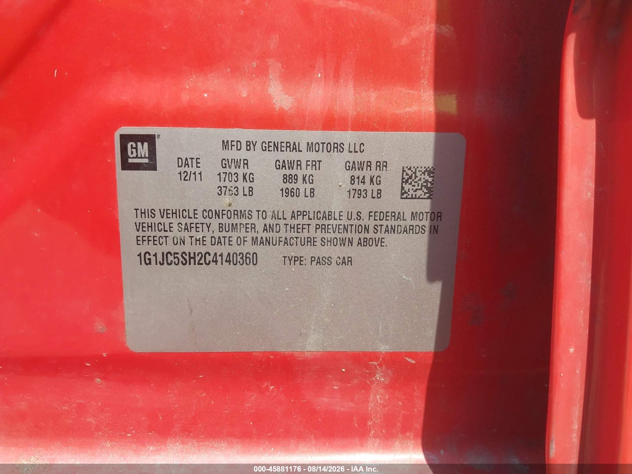 1G1JC5SH2C4****** · 2012 CHEVROLET SONIC 2LT · 9/11