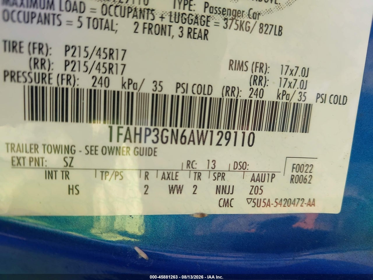 1FAHP3GN6AW****** · 2010 FORD FOCUS SES · 9/11
