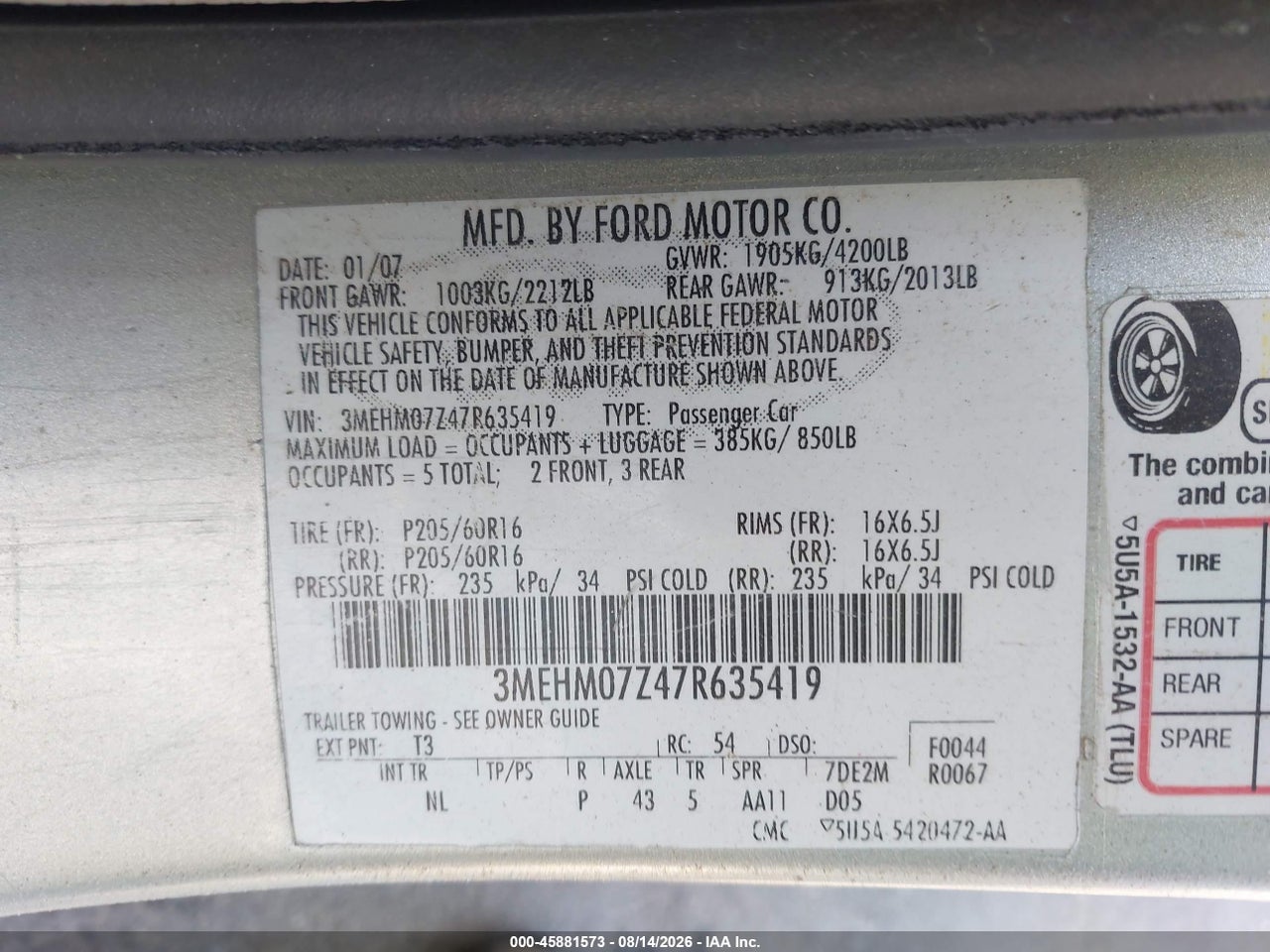 3MEHM07Z47R****** · 2007 MERCURY MILAN I4 · 9/11