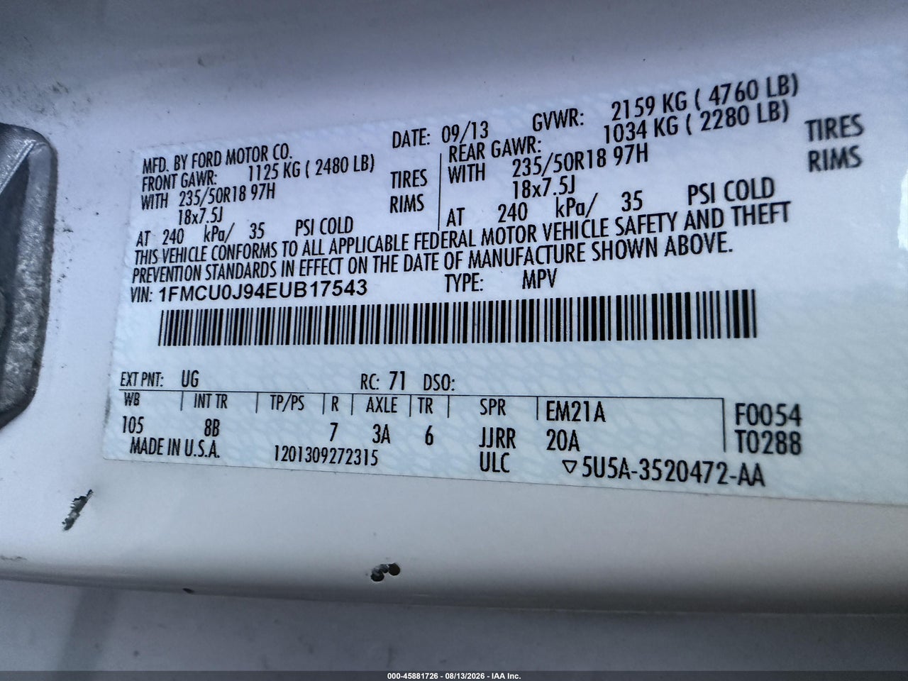 1FMCU0J94EU****** · 2014 FORD ESCAPE TITANIUM · 9/11