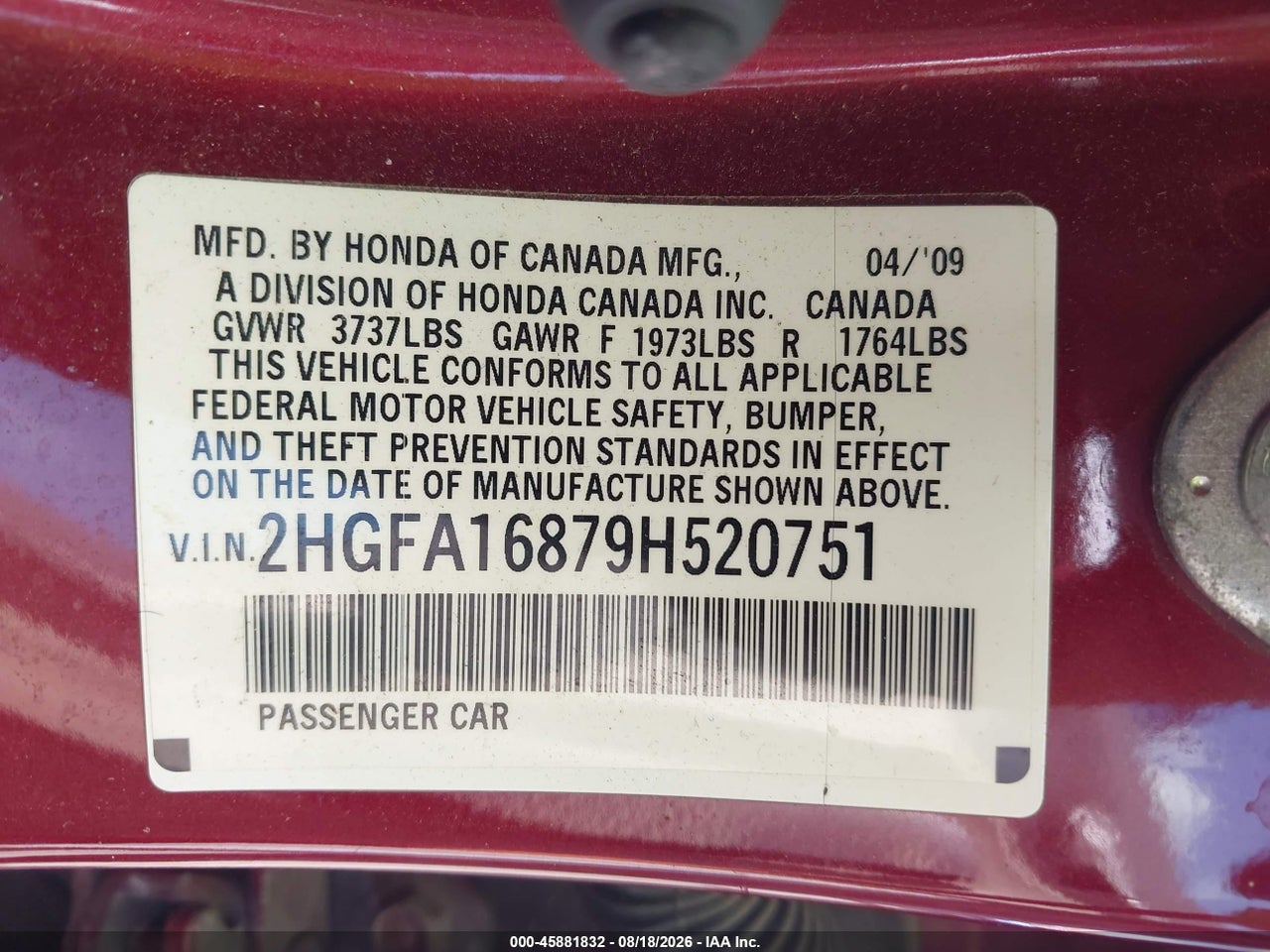 2009 HONDA CIVIC EX · 9/11