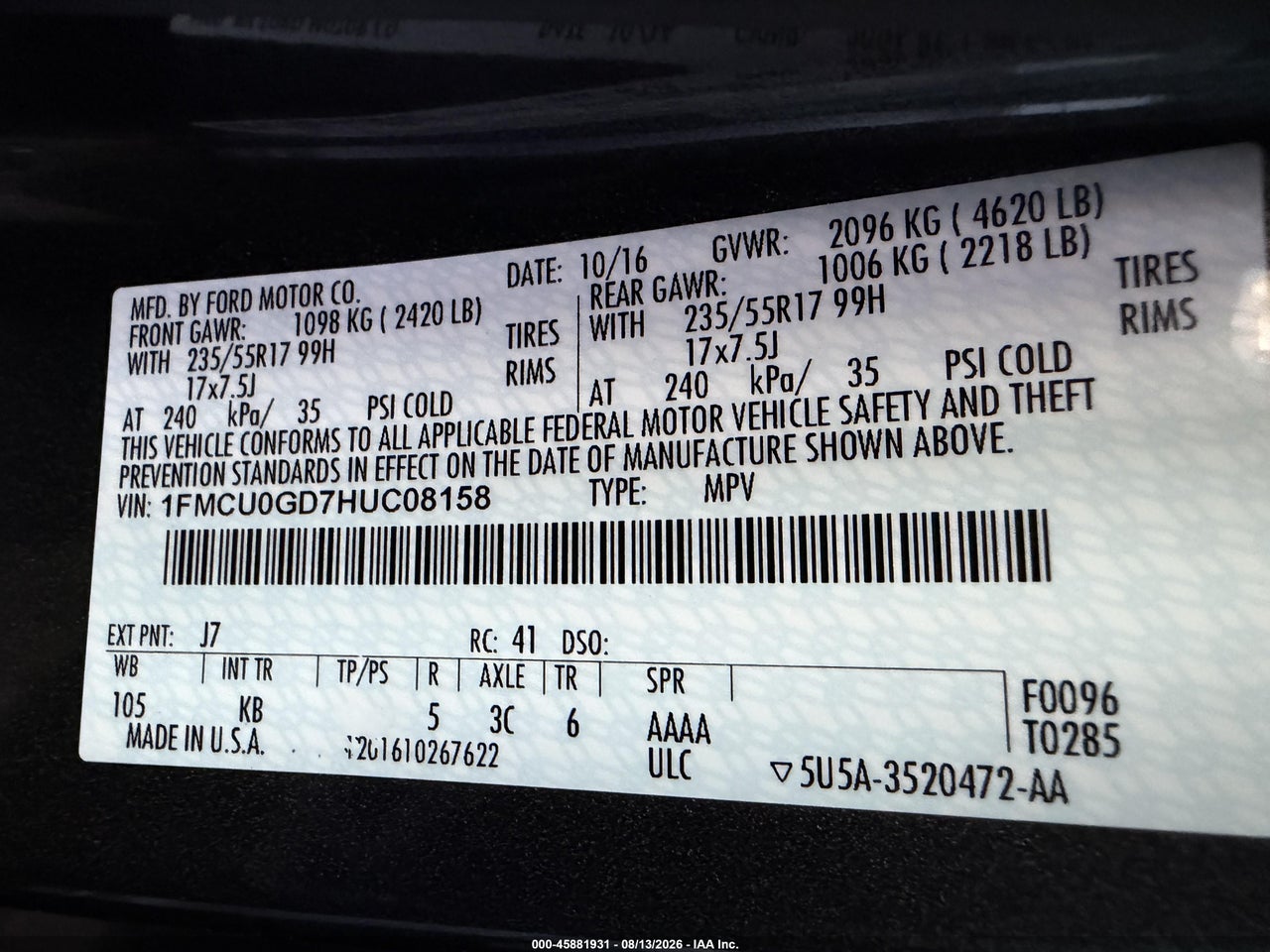 1FMCU0GD7HU****** · 2017 FORD ESCAPE SE · 9/11