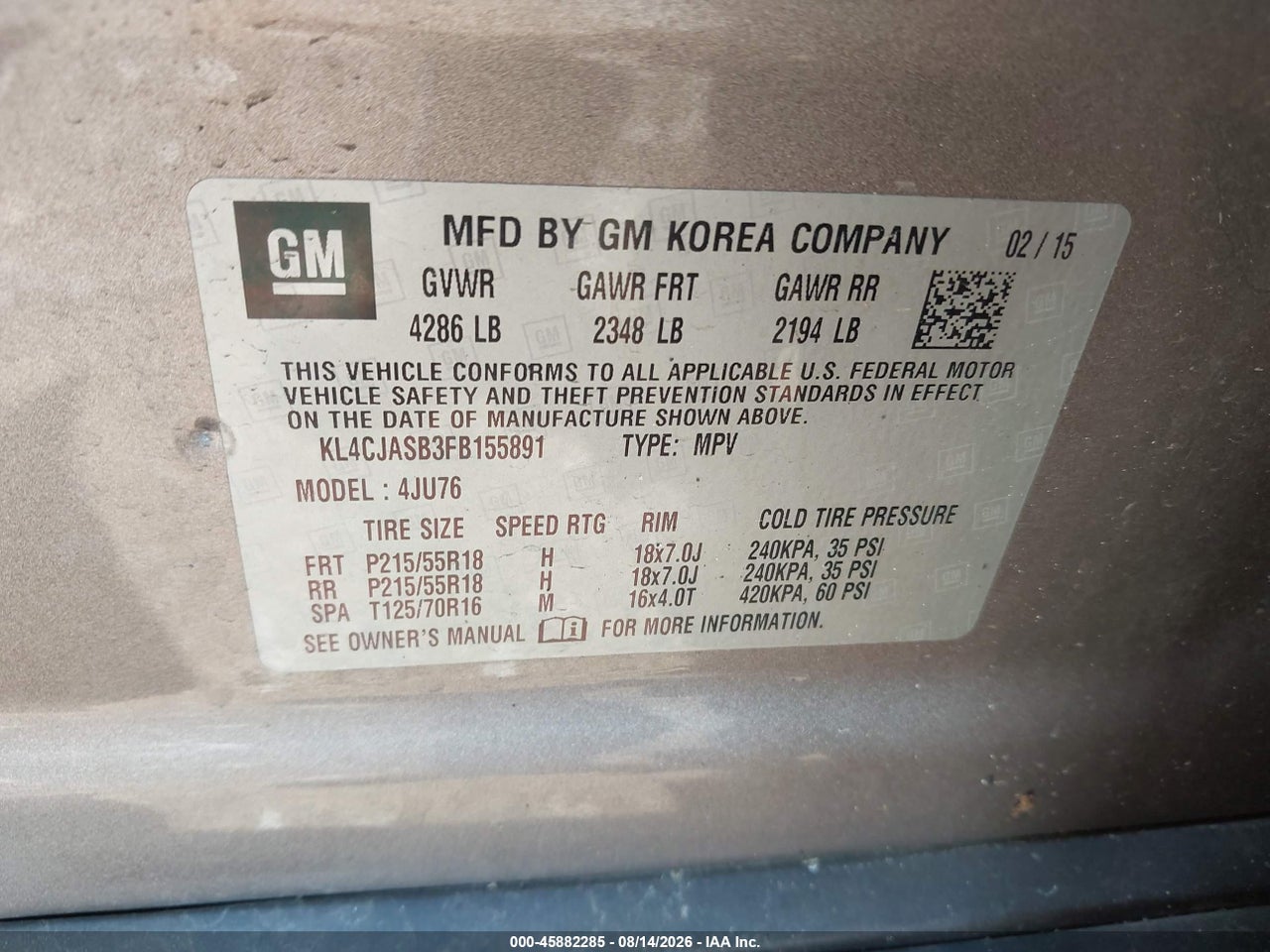 KL4CJASB3FB****** · 2015 BUICK ENCORE   · 9/11