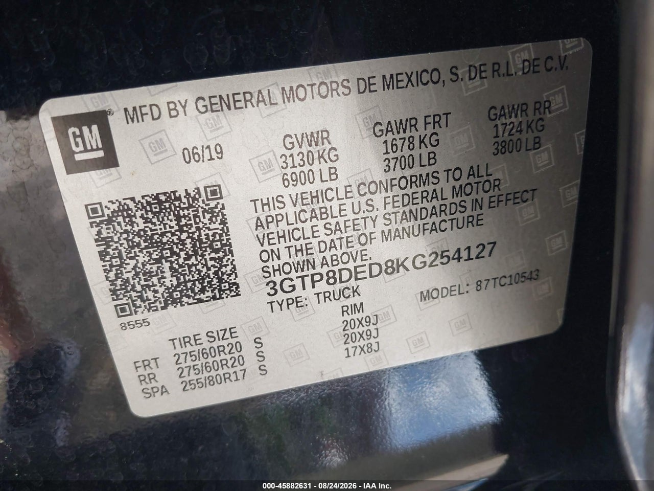 3GTP8DED8KG****** · 2019 GMC SIERRA 1500 SLT · 9/11