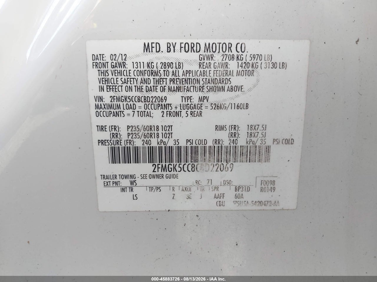 2FMGK5CC8CB****** · 2012 FORD FLEX SEL · 9/10