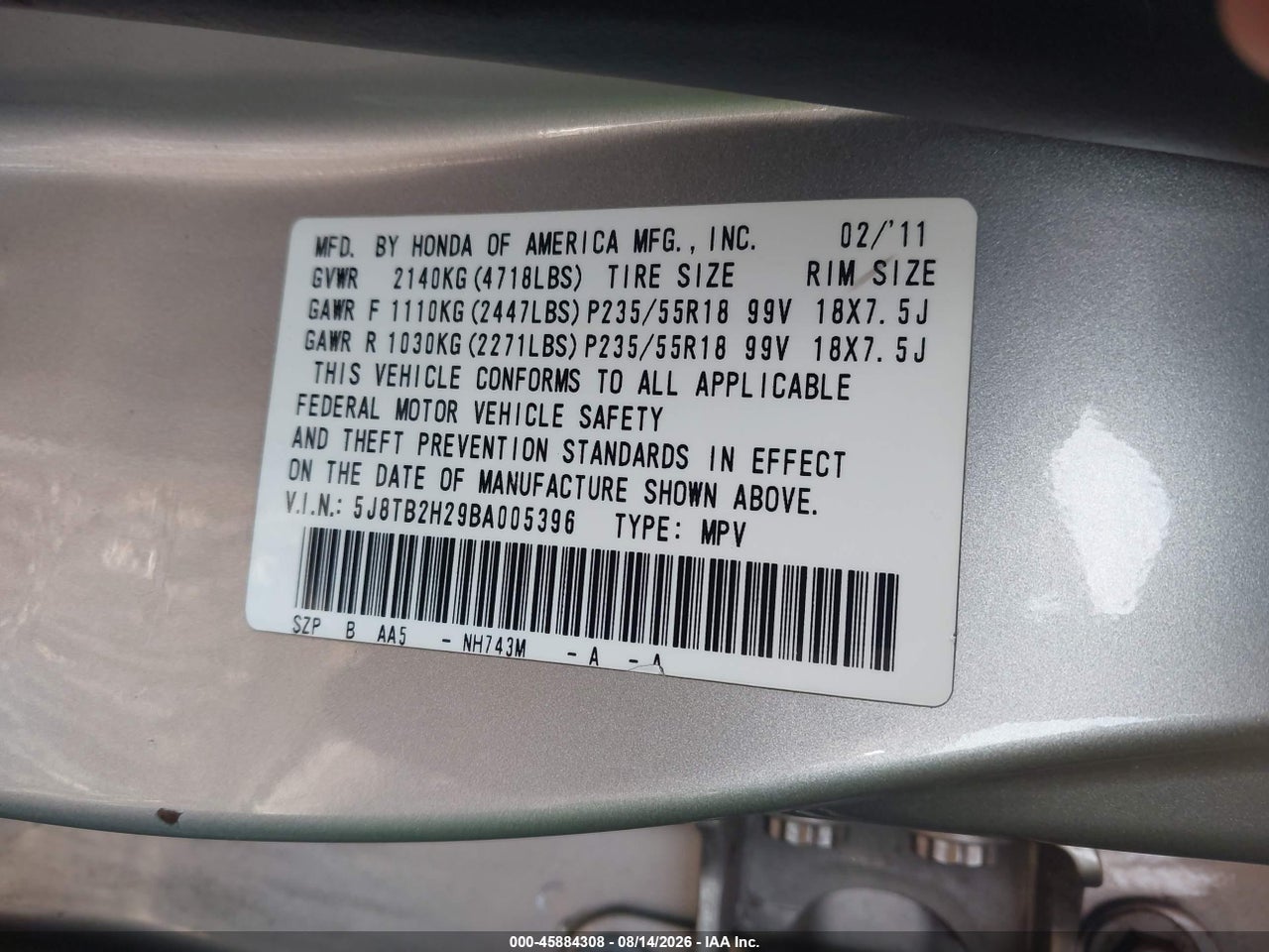 5J8TB2H29BA****** · 2011 ACURA RDX   · 9/11