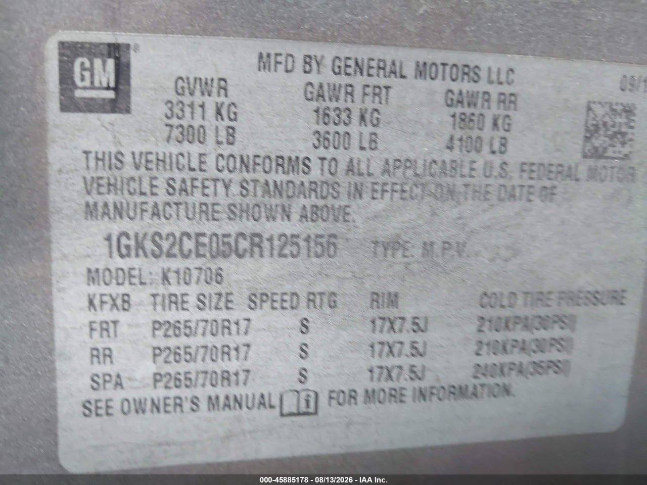 1GKS2CE05CR****** · 2012 GMC YUKON SLT · 9/11