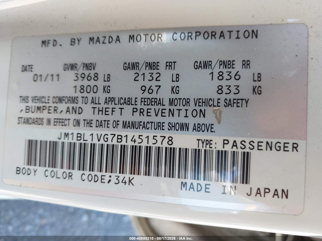 JM1BL1VG7B1****** · 2011 MAZDA MAZDA3 I TOURING · 9/11