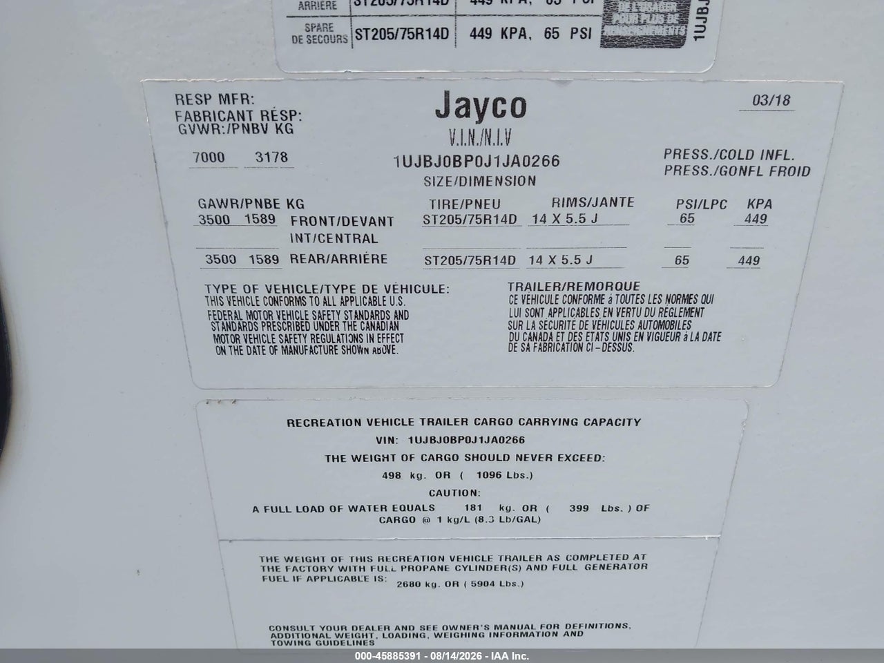 1UJBJ0BP0J1****** · 2018 JAYCO JAYFLIGHT 27RL · 9/11