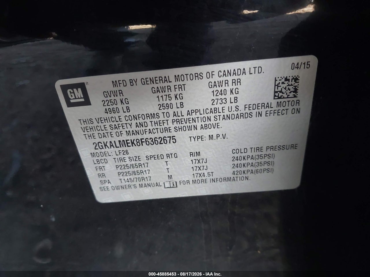 2GKALMEK8F6****** · 2015 GMC TERRAIN SLE-1 · 9/11