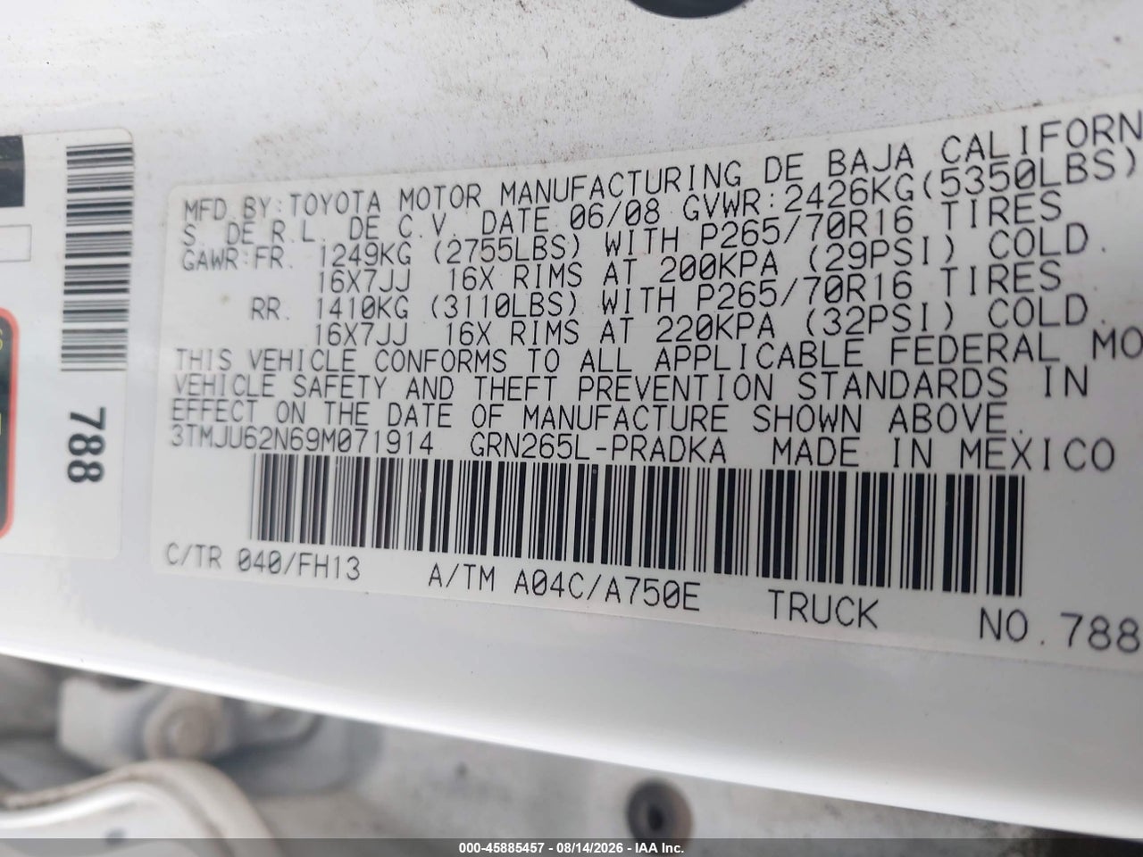 3TMJU62N69M****** · 2009 TOYOTA TACOMA PRERUNNER V6 · 9/11