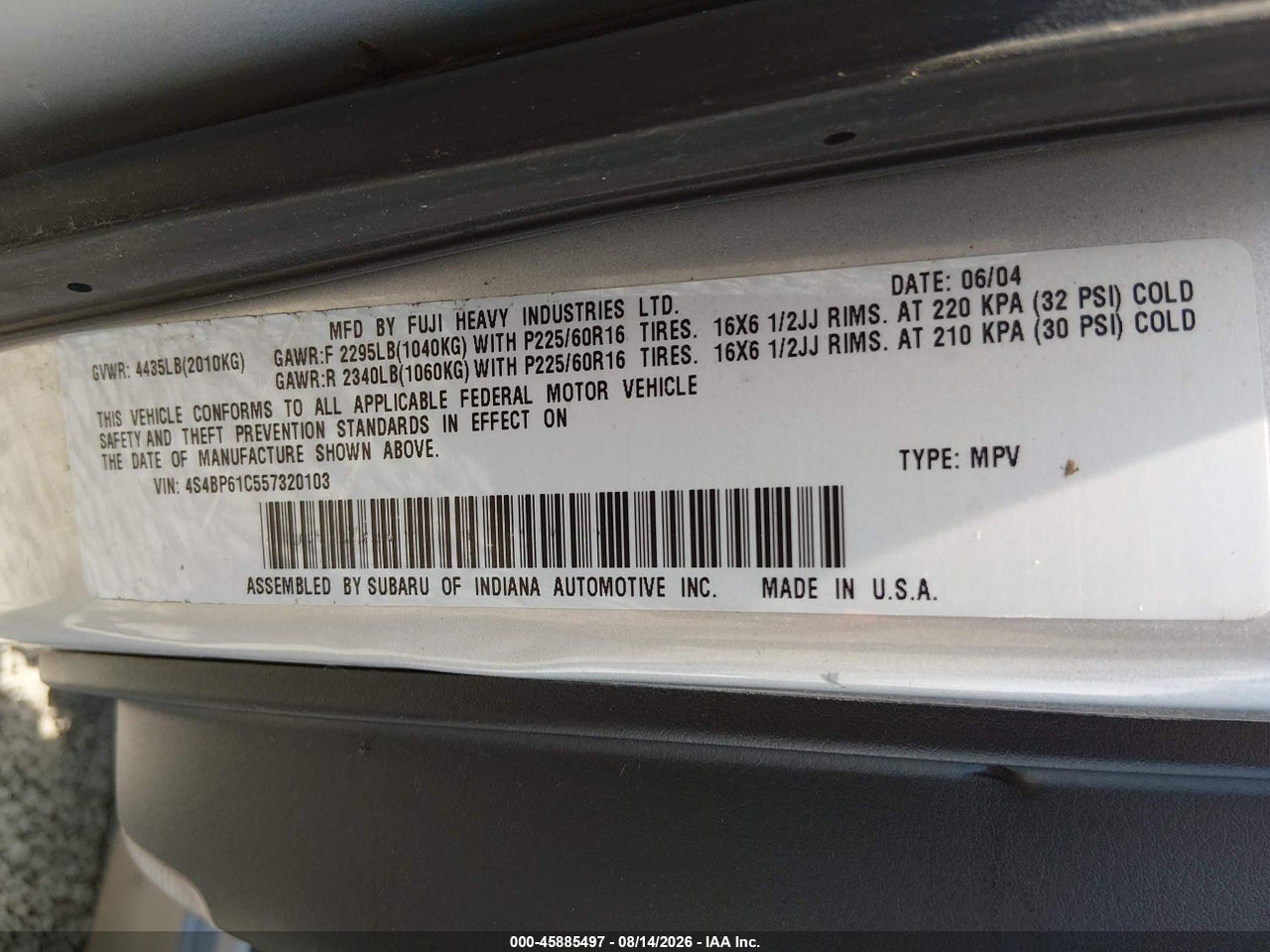 4S4BP61C557****** · 2005 SUBARU OUTBACK 2.5I · 9/11