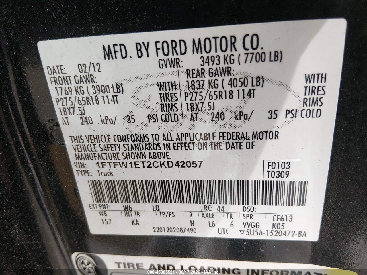 1FTFW1ET2CK****** · 2012 FORD F-150 KING RANCH · 9/11