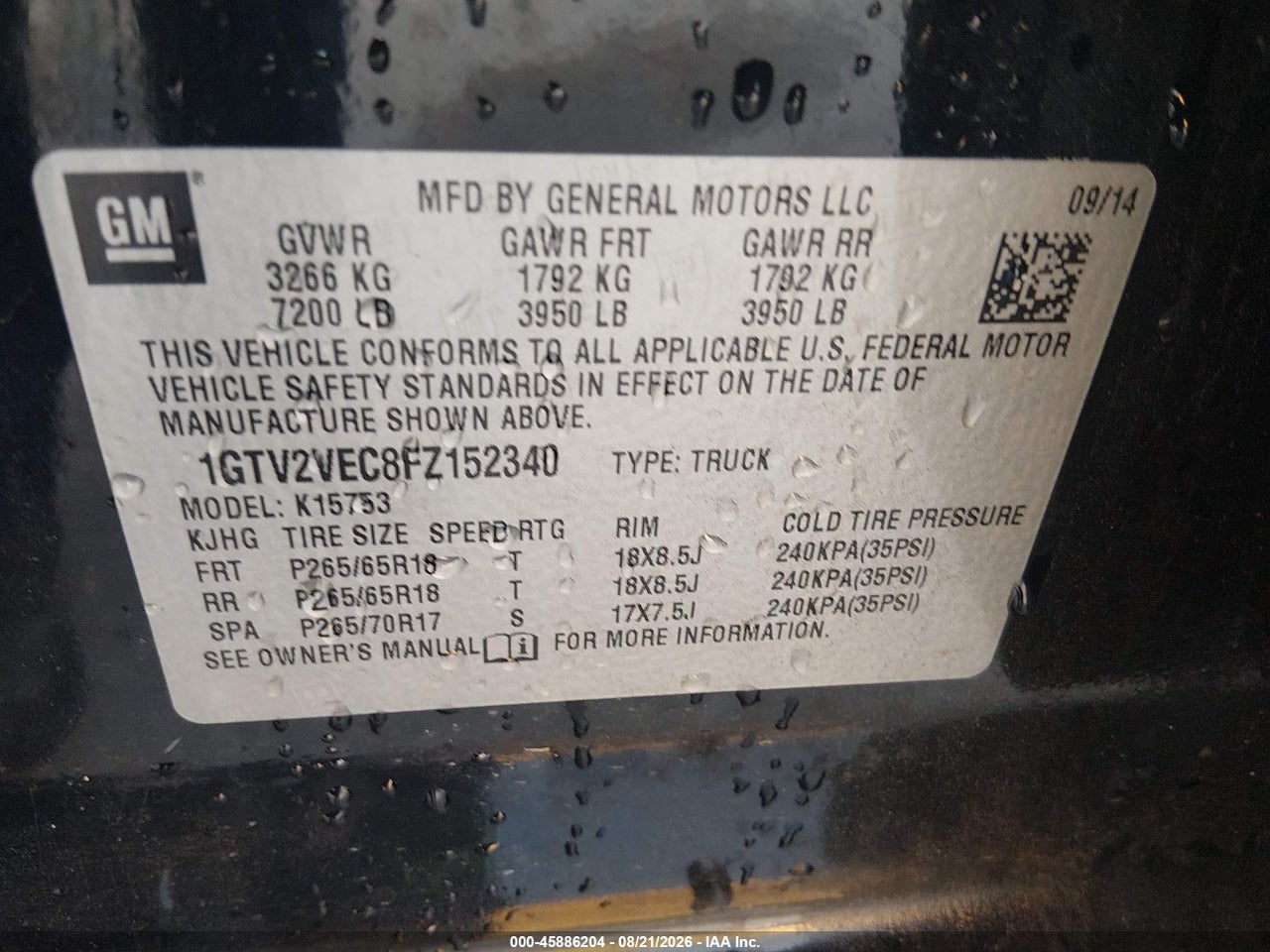 1GTV2VEC8FZ****** · 2015 GMC SIERRA 1500 SLT · 9/11