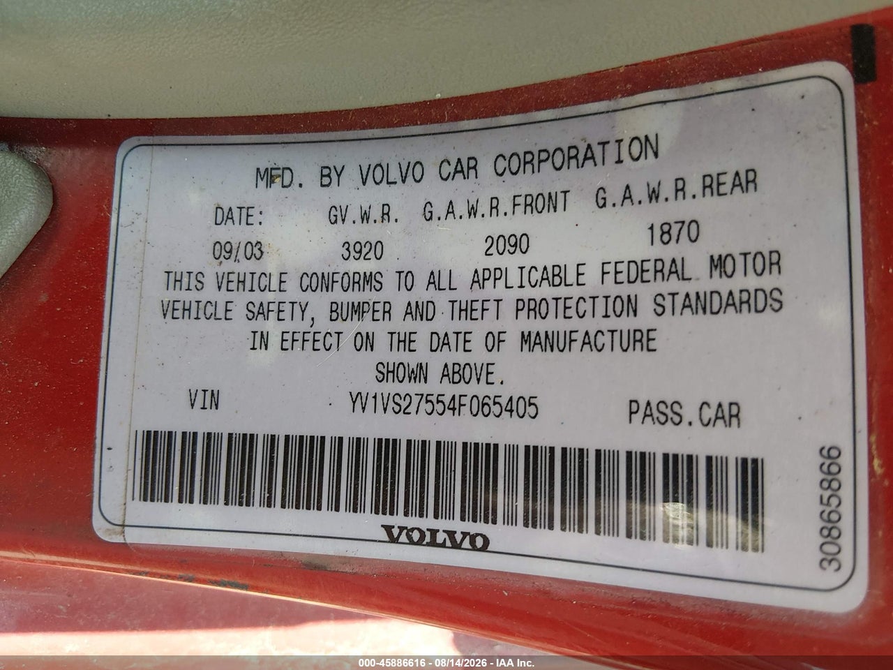 YV1VS27554F****** · 2004 VOLVO S40 A/LSE · 9/11