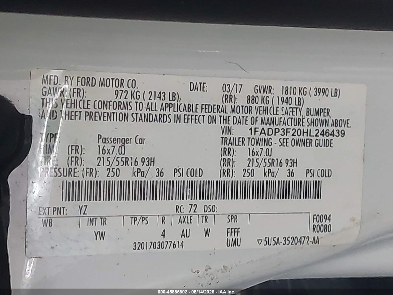 1FADP3F20HL****** · 2017 FORD FOCUS SE · 9/11