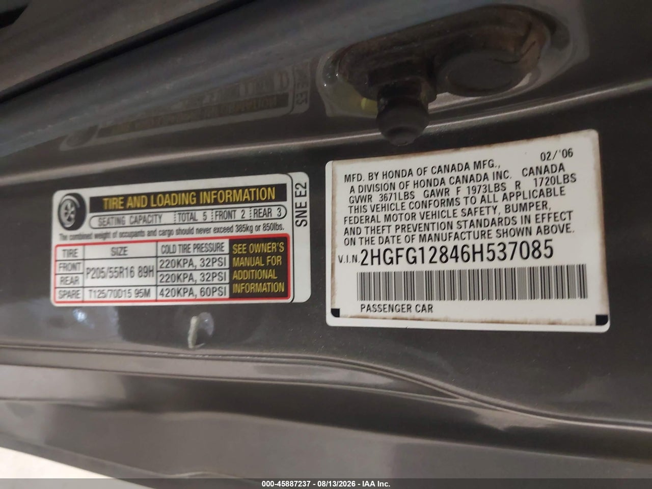 2HGFG12846H****** · 2006 HONDA CIVIC EX · 9/11