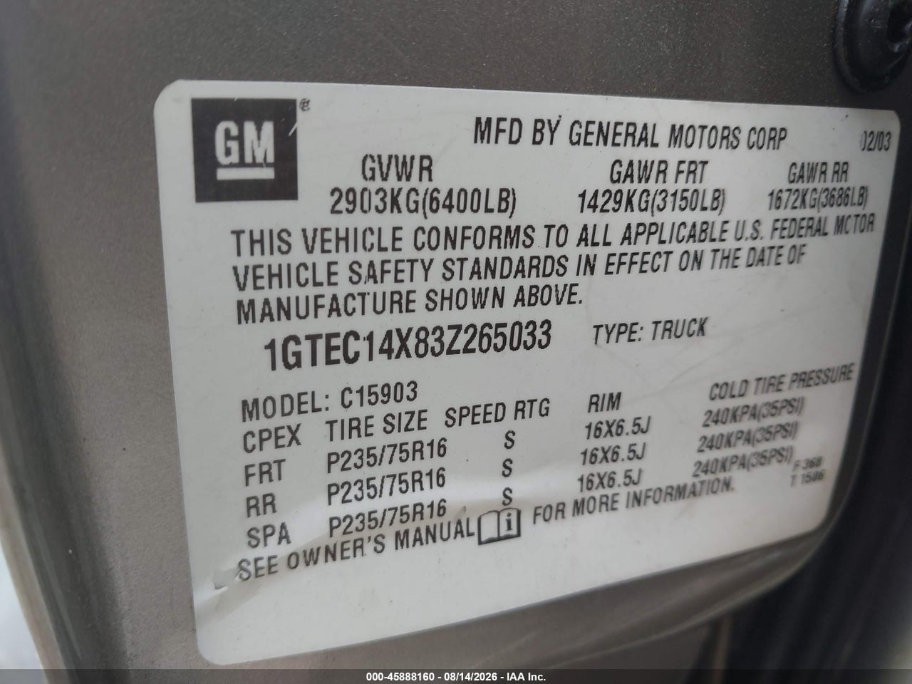 1GTEC14X83Z****** · 2003 GMC SIERRA 1500 WORK TRUCK · 9/11