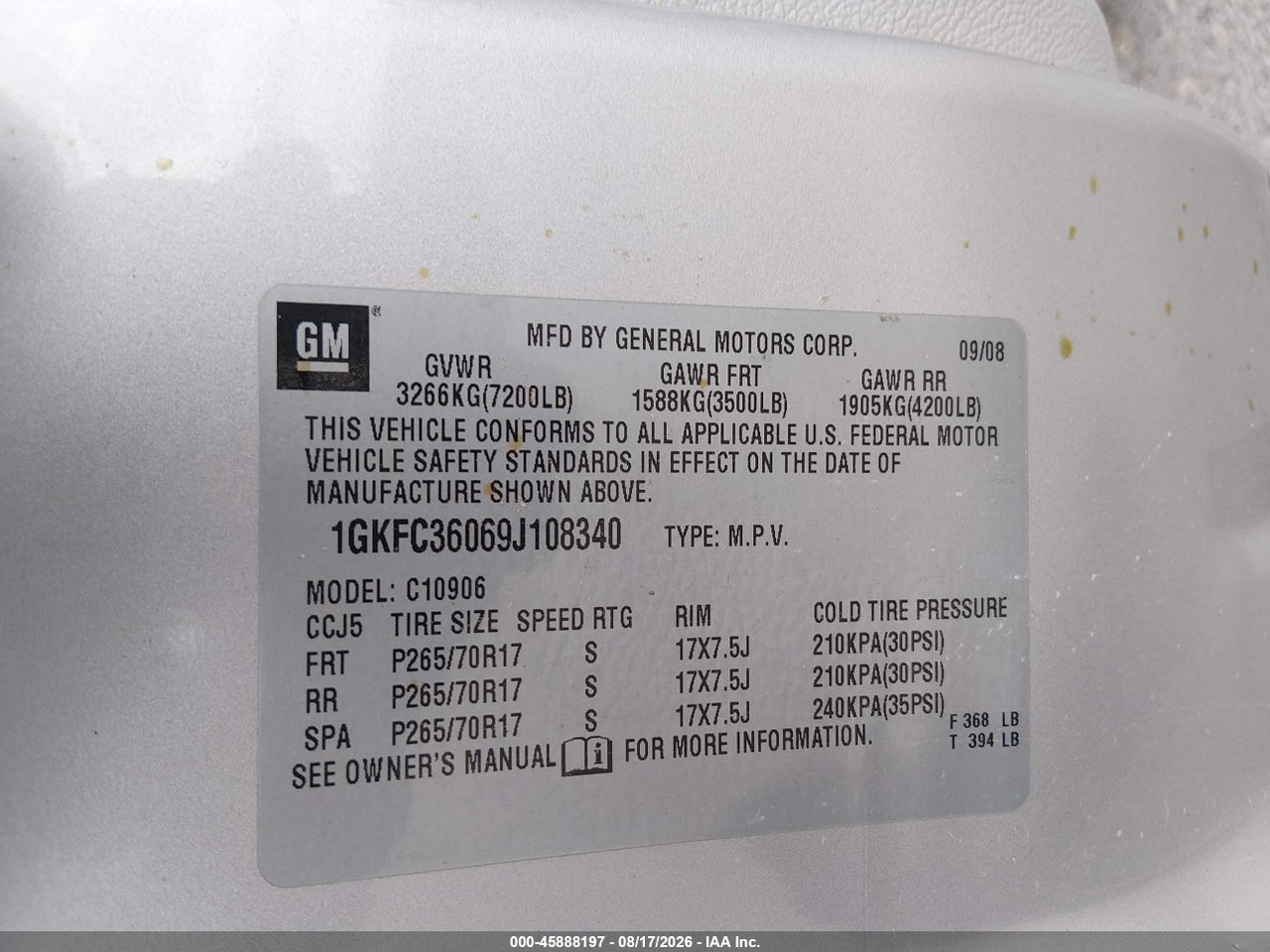 1GKFC36069J****** · 2009 GMC YUKON XL SLT W/4SB · 9/11