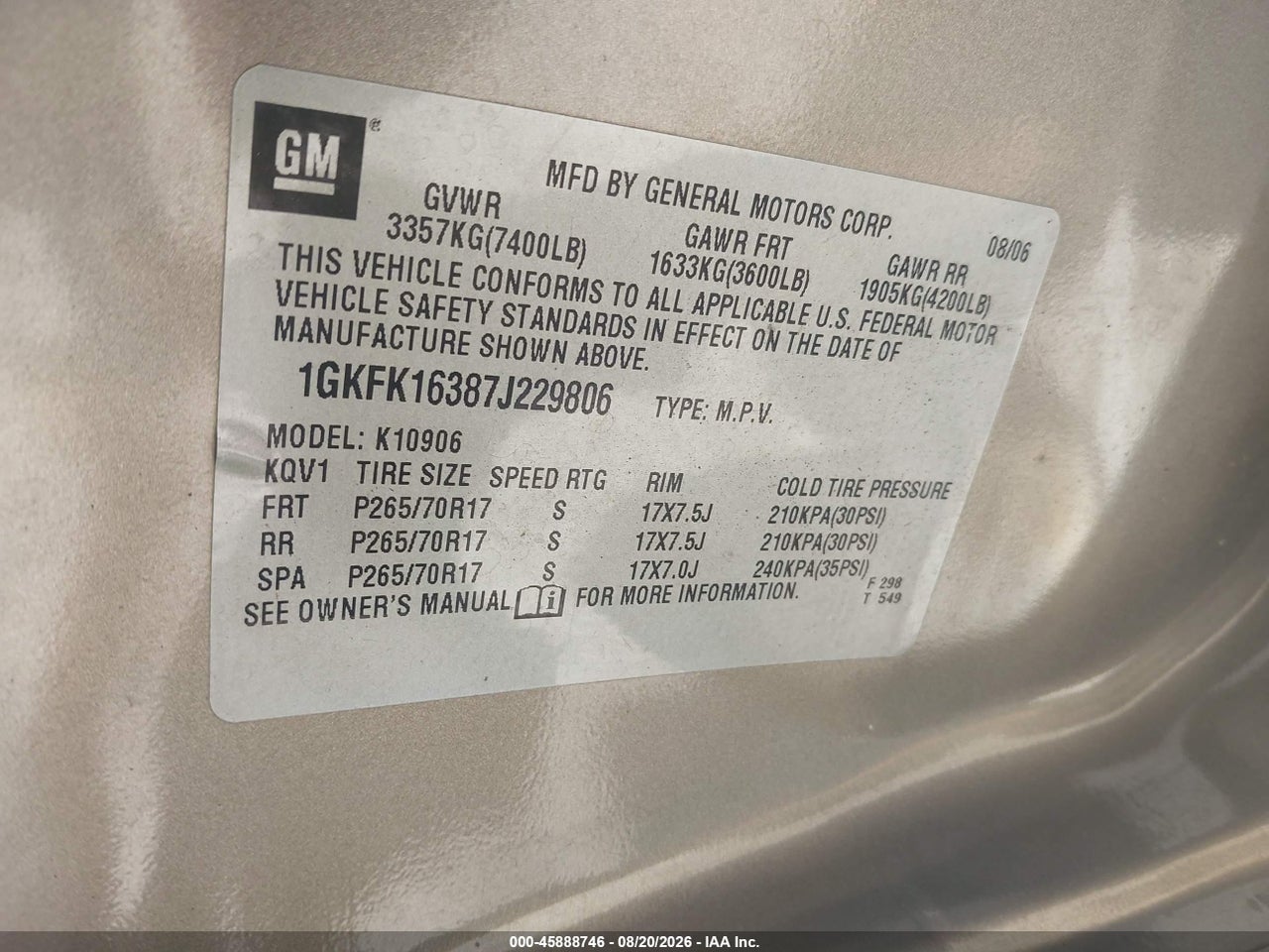 1GKFK16387J****** · 2007 GMC YUKON XL SLT · 9/11