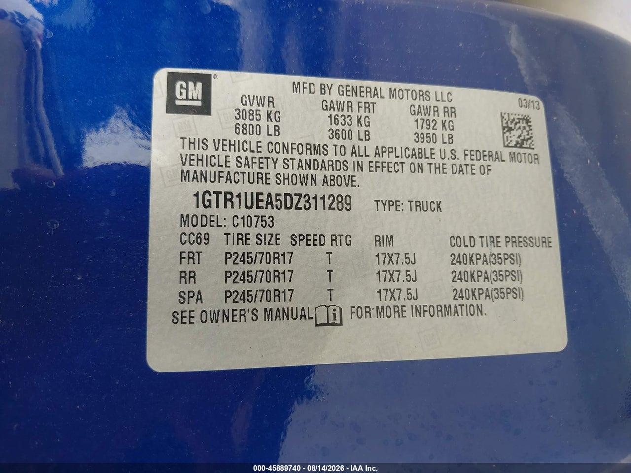 1GCR1UEA5DZ****** · 2013 GMC SIERRA   · 9/11