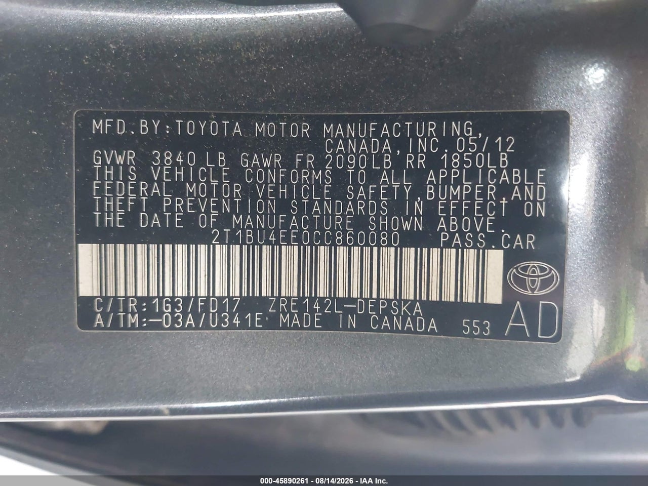 2T1BU4EE0CC****** · 2012 TOYOTA COROLLA S · 9/11
