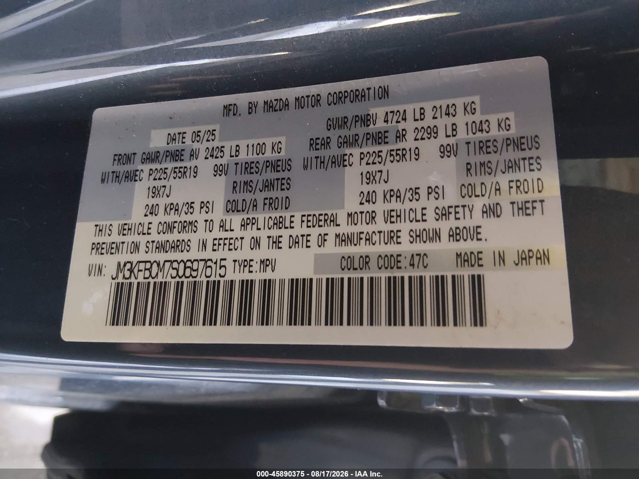 JM3KFBCM7S0****** · 2025 MAZDA CX-5 2.5 S CARBON EDITION · 9/11