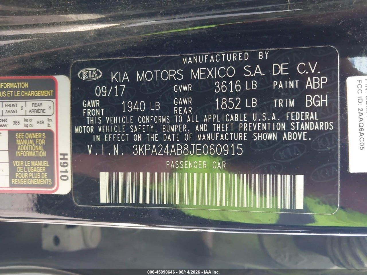 3KPA24AB8JE****** · 2018 KIA RIO LX · 9/11