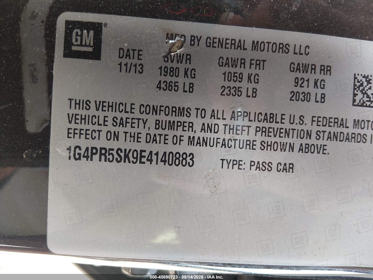 1G4PR5SK9E4****** · 2014 BUICK VERANO CONVENIENCE GROUP · 9/11