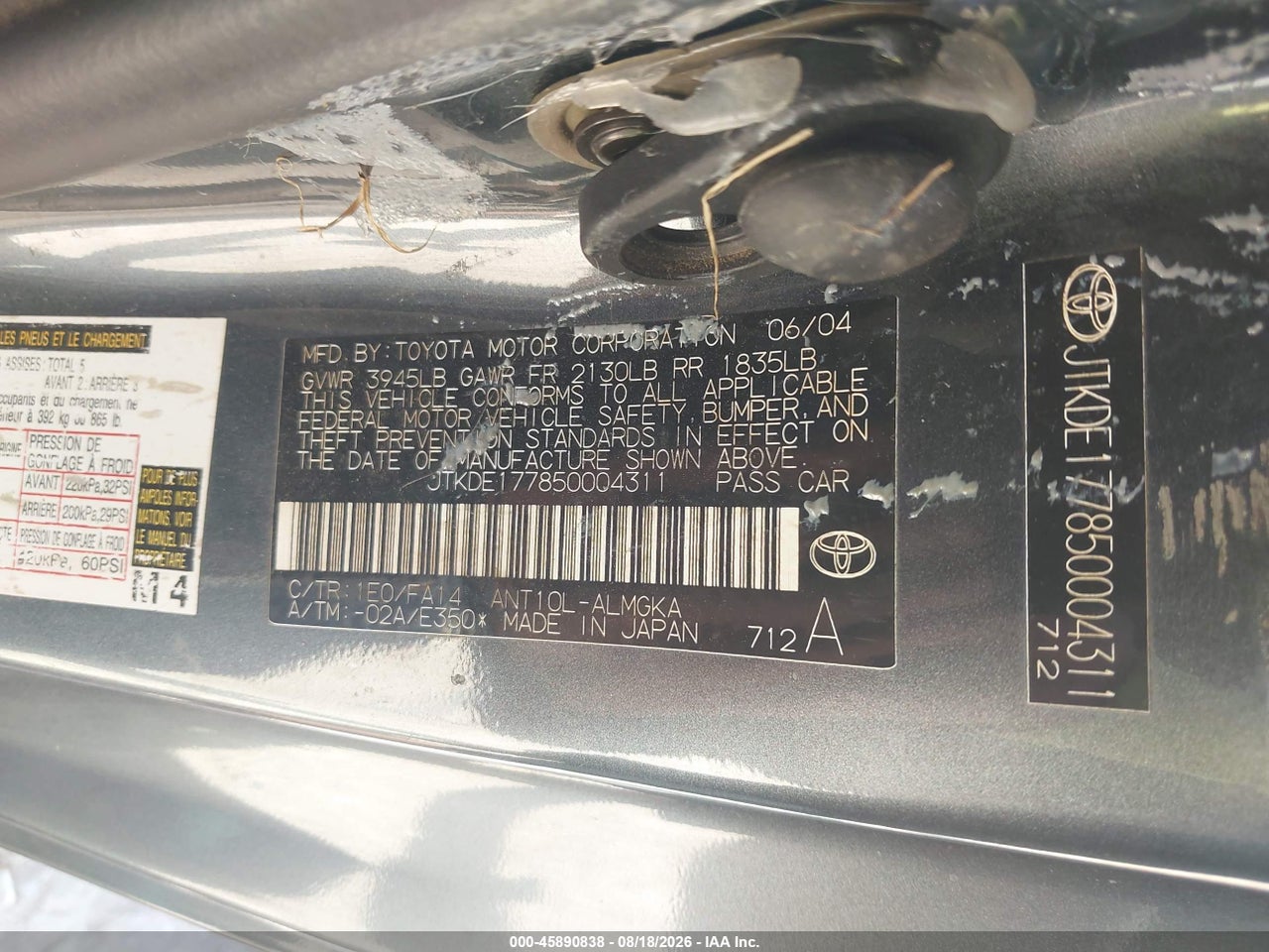 JTKDE177850****** · 2005 SCION TC · 9/11