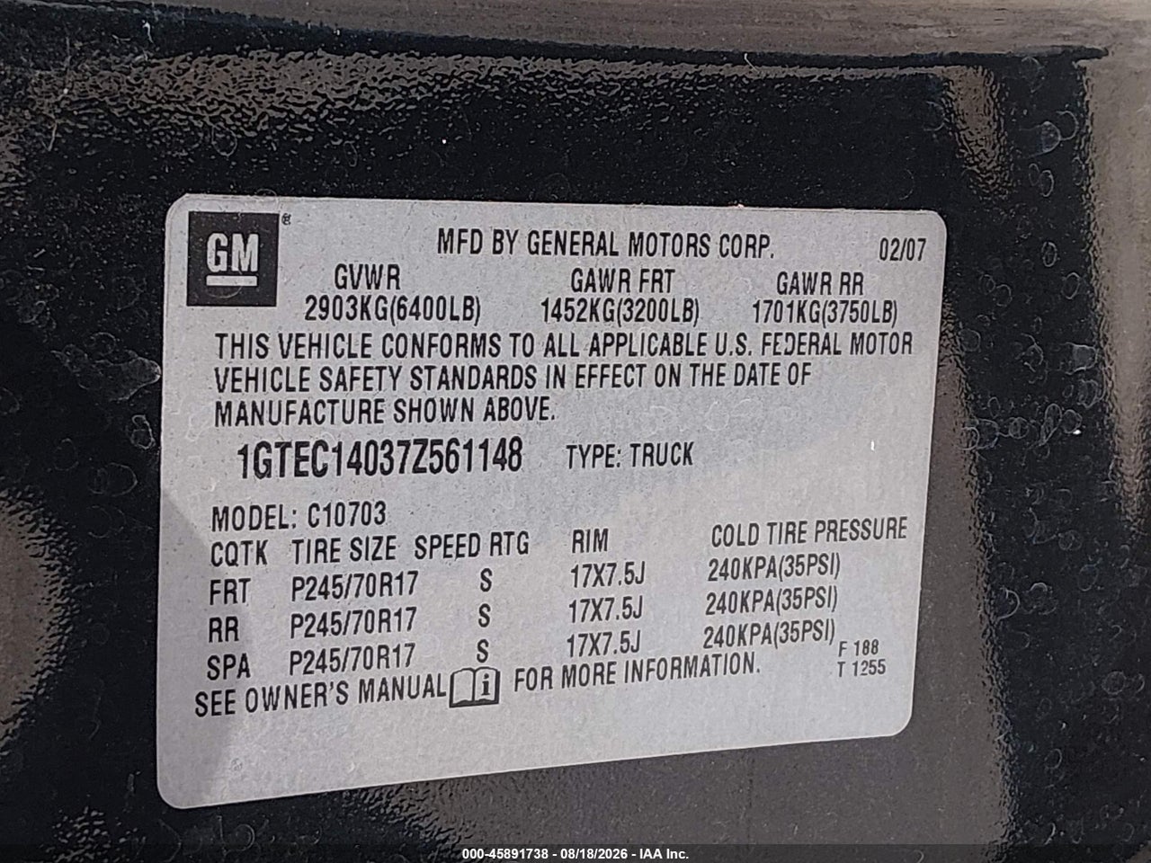 1GTEC14037Z****** · 2007 GMC SIERRA 1500 WORK TRUCK · 9/11