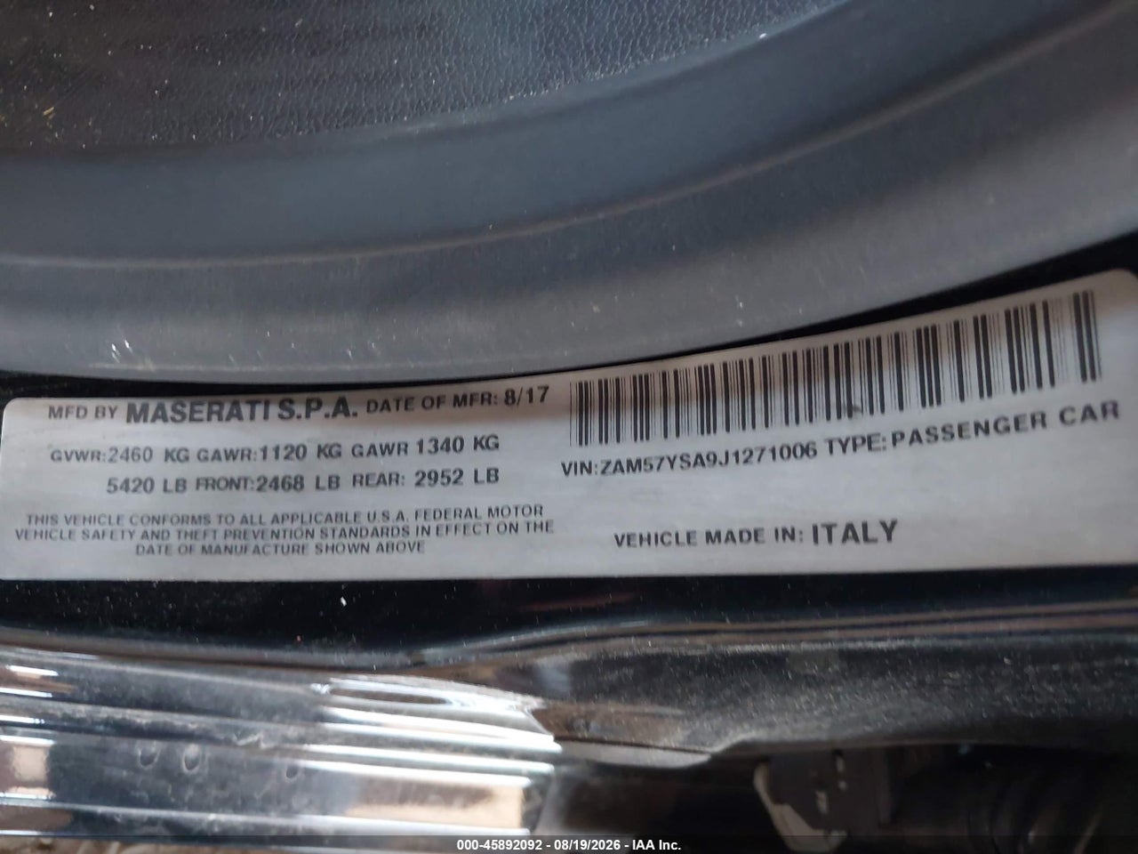 ZAM57YSA9J1****** · 2018 MASERATI GHIBLI S · 9/11