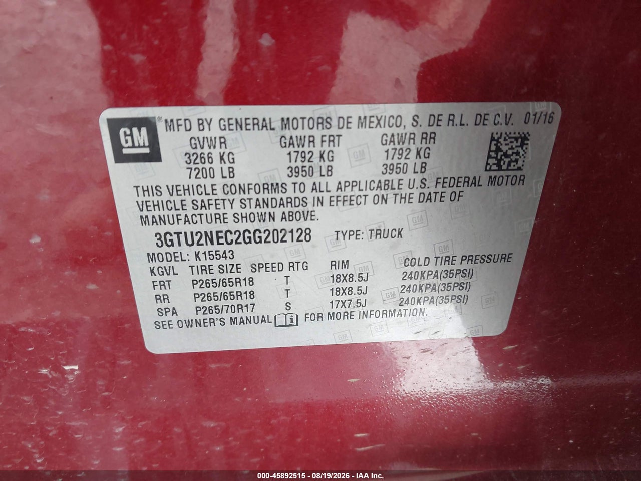 3GTU2NEC2GG****** · 2016 GMC SIERRA 1500 SLT · 9/11