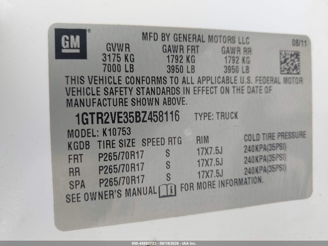1GTR2VE35BZ****** · 2011 GMC SIERRA 1500 SLE · 9/11