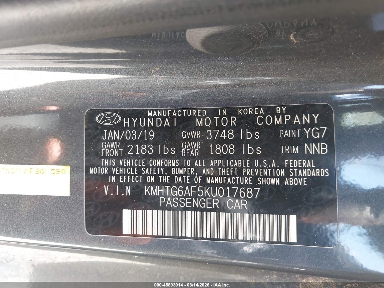 KMHTG6AF5KU****** · 2019 HYUNDAI VELOSTER 2.0 · 9/11